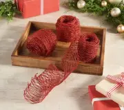 Set of 3: 9' Mesh Ribbon by Valerie- Red Glitter Holiday Christmas Decor