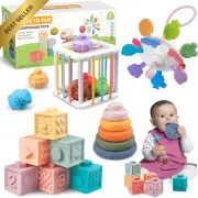 4-in-1 Montessori Baby Toys, Stacking Blocks, Pull String Teether, Shape Bin