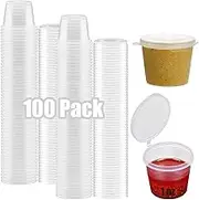 100 * 1oz Round Food Container Pots with Lids, Plastic Hinged Sauce Pots Reusable Jelly Shot Cups Clear Small Deli Pot Restaurants Takeaways Containers for Small Dips Chutney Ketchup Salads-25ml