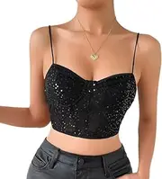 [Generic] Women's Glitter Sequin Corset Crop Top Sexy Spaghetti Strap Tank Tops V Neck Cami Vest Mesh Boned Bustier