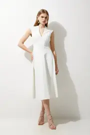 Structured Crepe Seam Detail High Neck Full Skirt Midi Dress