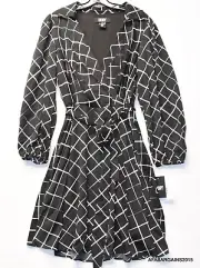 DKNY Women's Size 12 Black/ White Chiffon Long Sleeve Collared V-Neck Dress NEW
