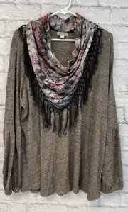 One World sweater top Womens 2X Fringe Scarf Pullover NEW brown boho ribbed