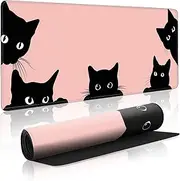 Pink Cute Cat Gaming Mouse Pad for Desk,Mouse Pad Gaming 31.5 X 11.8 Mouse Mat Desk Pad,Extended Keyboard Pad Large Desk Mat Pink Mousepad with Non-Slip Base and Stitched Edge for Gaming Home Office