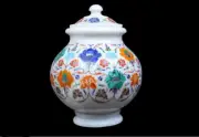 10" White Marble Flower Vase Pot with lid lapis malachite Inlay Art Collectible