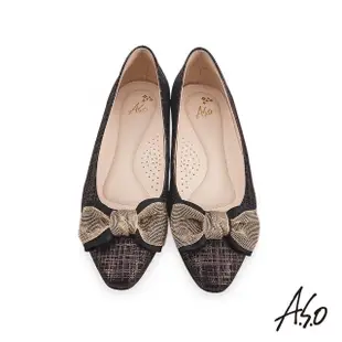 【A.S.O 阿瘦集團】時尚流行 健步通勤金屬紗線蝴蝶結低跟鞋(黑)