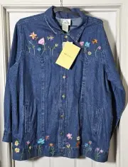 Quaker Factory Denim Shirt Jacket Floral Embroidered butterflies flowers Size 1X
