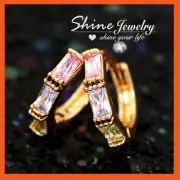 18K GOLD GF VINTAGE EMERALD CUT COLOR GEM CRYSTAL SMALL HOOP SLEEPER EARRINGS