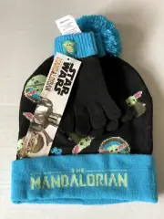 Star Wars Mandalorian Hat and Gloves Blue Black Kid's Sz OSFM Child 2Pc Set NWT