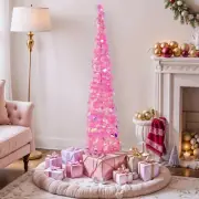 5FT Pink Tinsel Christmas Tree Pop Up Tree with 60 LED Lights, Xmas Holiday Deco