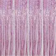 4 Pack Pink Tinsel Foil Fringe Curtains Backdrop Party Decorations, Shimmer Pink Streamer Backdrop Curtains Photographic Studio Photo Backgrounds for Birthday Wedding Christmas