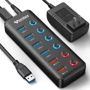 Powered USB Hub, 6-Port USB 3.0 Hub Splitter (4 USB 3.0 Data Ports + 2 QC 3.0...