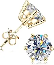 [RAPRGOLD] Moissanite Stud Earrings for Women, 1.0-4.0CT 18K White/Yellow Gold Plated Solid 925 Sterling Silver Earring for Men, D Color VVS1 Round Lab Created Diamond Flat Back Earrings for Women Men