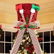 Christmas Tree Topper with Bow Ribbon, Tree Topper Hat Red Hat Ornament