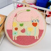 Easy Flower Cat Punch Needle Embroidery Starter Craft Kits for Kids and Adults Beginners with Punch Needle Tool,Threader, Stamped Fabric Embroidery,Hoop, Yarn Rug Punch Needle