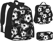 [ERCgad] Soccer Black Print Canvas 3-In-1 School Bags Set Backpack Lunch Bag Pencil Case Combo For Men Women, Black, One Size