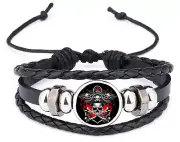Skull & Crossbones Pirate Black Leather Bracelet And Velvet Gift Bag