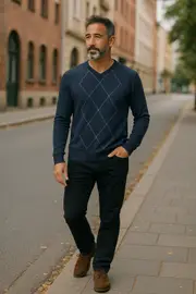Ansett Denim Blue Argyle Cashmere Merino Wool Jumper (L Only)