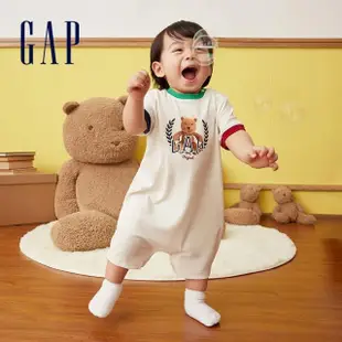 【GAP】嬰兒裝 Logo小熊印花圓領短袖包屁衣/連身衣-白色(890354)