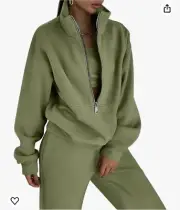 Cozypoin Fleece 2 Piece Outfits Sweatsuit Crop Top Large Green Heather Grey Zip