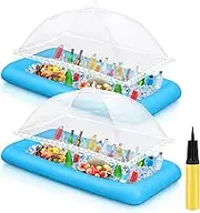 Leitee Inflatable Serving Bar Kit Includes Salad Buffet Tray with Drain Plug Mesh Food Cover Food Drink Containers and Inflator for Ice Supplies Halloween Party Camping Picnic(Blue)