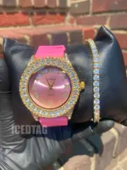 WOMEN ICED HIP HOP GOLD PT PINK SILICONE WATCH, FULL ICE OUT TENNIS BRACELET SET