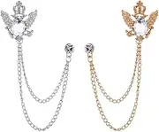 [Maigendoo] 2pcs Brooches Pin for Men Lapel Pin Shirts Collar Chain Crown Gem Layers Tassel Chain Suit Collar Shirt Studs Lapel Stick Metal Chain Jewelry Unisex Accessories, White Gem Gold/Silver, Metal, crystal