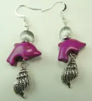 Purple Howlite Dolphin Earrings with Shells Handmade Jewelry