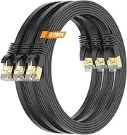 Cat7 10FT-3Pack Ethernet Cable Flat-Black-10Gbps High Speed Ultra Slim Double Shielded with Gold-Plated RJ45 Ground Wire & Cable-Tie Network Cord for PS5/4,Xbox,TV,Router,PC,NAS