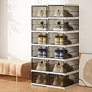 Foldable Shoe Rack Organizer, 2 * 6-Tier Plastic Shoe Storage Boxes, Single Size 10 * 13.6 * 7.7inch with Clear Door, No-Assembly, Stackable Shoe Box Space Saving for Closet Entryway Containers Bins