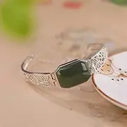 [Generic] Silver Inlaid Hetian Jade Blue Jade Hollowed Out Pattern Personality Temperament Bracelet Bracelet Bracelet (Color : E, Size : As Show)