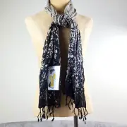 Cejon Rectangular Scarf Wrap Black Beige Fringe Sequins
