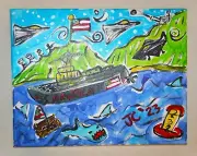 USS AMERICA AT WAR Jr CHARLIE FAST OUTSIDER POLITICAL FOLK POP ART BATTLESHIP