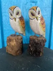 Hand-crafted Wooden Owls on Drift Wood, Set of 2, Bird Figurines 6.5" inches