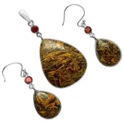 Premium Coquina Fossil Jasper & Garnet 925 Silver Pendant Earrings Set T-1010