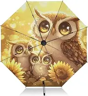 [PDZRMY] UV Protection Travel Umbrella Sunflower Owl Cute Compact for Rain and Sun - Auto Open and Close UPF 50+ Windproof Portable 46” Sun Umbrella for Women and Men