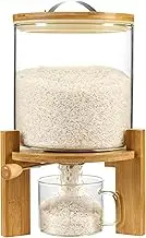 Vuinop Rice Dispenser, Rice Storage Container：Flour and Cereal Container with Airtight Lid and Wooden Stand, Glass Food Storge Container for Kitchen Organization and Pantry Store (5L)