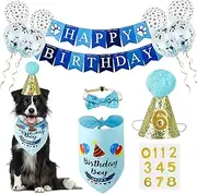 Dog Birthday Bandana Boy, VIPITH Cute Dog Birthday Party Supplies with Happy Birthday Banner Bow Tie Hat Banner Balloons Cake Topper for Pet Puppy Cat Birthday Decorations (Blue/Boy)