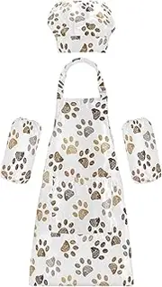 AIXIWAWA Kids Apron Chef Hat Set, Child Kitchen Bib Aprons Adjustable for Cooking Baking Painting (Doodle Brown Paw Prints)