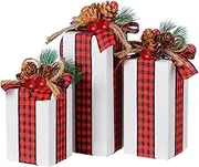 Glenmal 3 Pcs Christmas Table Centerpieces Christmas Table Decor Faux Present Wooden Blocks with Buffalo Plaid Bowknot Rustic Decoration for Holiday Xmas Tree Tiered Tray(White)