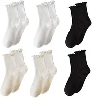 [UILYNIU] 6 Pairs Black Beige White Ruffle Socks Frilly Socks Women Ankle Socks Women Ballet Socks Knitted Socks Lightweight Comfortable Breathable Cute Ruffled Liner Socks for Women Girls (6 Pair)