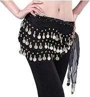 [AZIDWERYQ] Belly Dance Hip Skirt Chiffon Dangling Gold Belly Dance Hip Scarf Wrap Belt Black Skirt