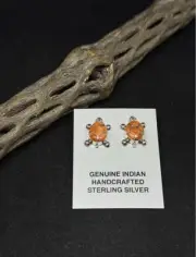 Handmade Zuni Inlay Orange Spiny Oyster Shell Sterling silver Turtle Earrings