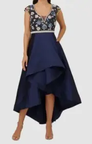 Adrianna Papell Women's Blue Beaded High-Low Taffeta Gown Dress Size 8