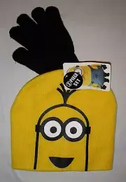 NEW Despicable Me Minions Knit Hat Yellow Beanie Black Gloves Mittens Set Kids
