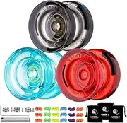 3 Pack of Yoyo K2 Crystal, Responsive Yoyos for Kids Beginner, Dual Function Yoyos with Replacement Unresponsive Yoyo Bearings Kit for Advanced Player+18 Yoyo Strings+3 Bags (Black +Green +Red)
