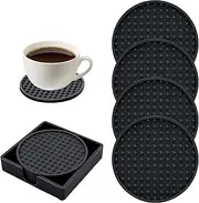 EKIND 3.94'' Silicone Drink Coasters Set, Non-Slip & Heat-Resistant Round Cup Mats with Square Silicone Storage Tray, Bar Table Protectors for Hot or Cold Drinks, for Various Cup Sizes(Black, 4-Pack)