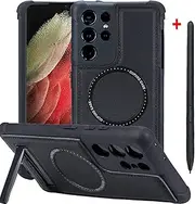 [Gufiire] for Samsung Galaxy S21 Ultra Case with S Pen Holder, Replacement S Pen Included, Compatible with MagSafe, Versatile Metal Stand, 3D Texture Leather Back, Military Grade Protection (Case+Pen)