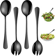 Set of 4 Salad Servers, Black, Salad Servers Set, 2 Salad Spoons and 2 Salad Forks, Polished and Polished Non-Stick Coating Stainless Steel Salad Server Set for Restaurant, Home, Hotel, Picnic