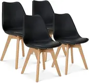 Modern Dining Chair, Lounge Chair, Eames Style with Wood Legs and Plastic Seat, for Living Room, Bedroom, Kitchen, Dining Side Chairs, Set of 4 (Black)